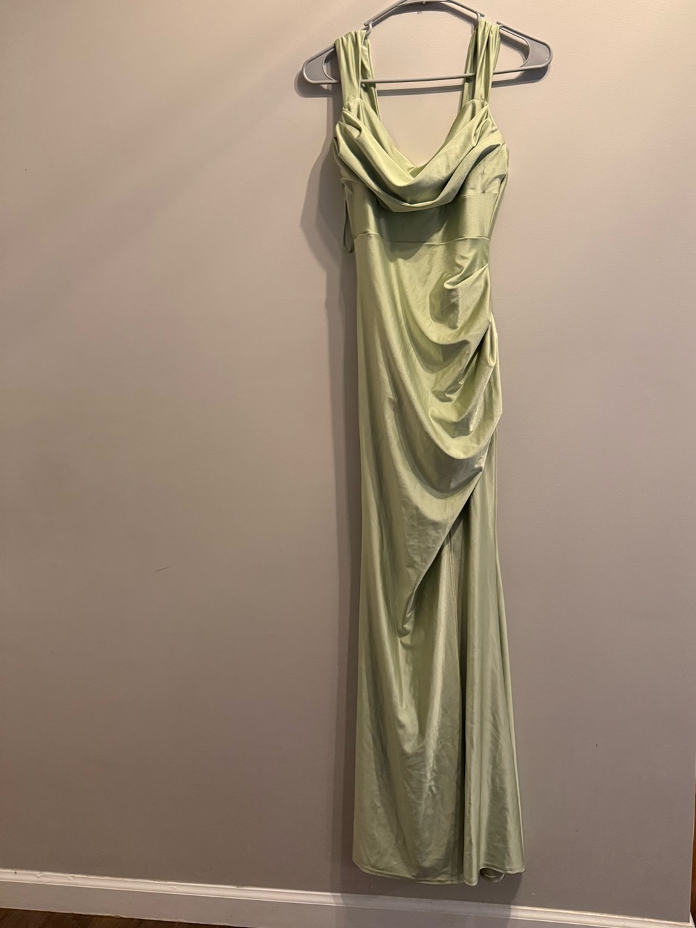 Windsor sage green satin maxi dress medium ruched cowl neck high slit
